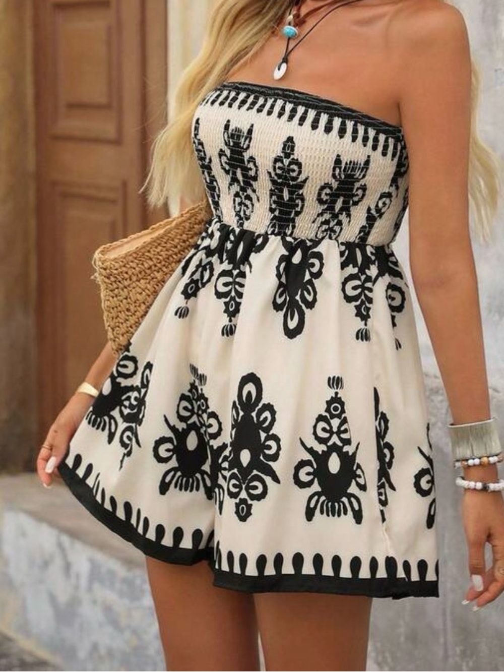 Smocked Beige and Black Patterned Women’s Romper